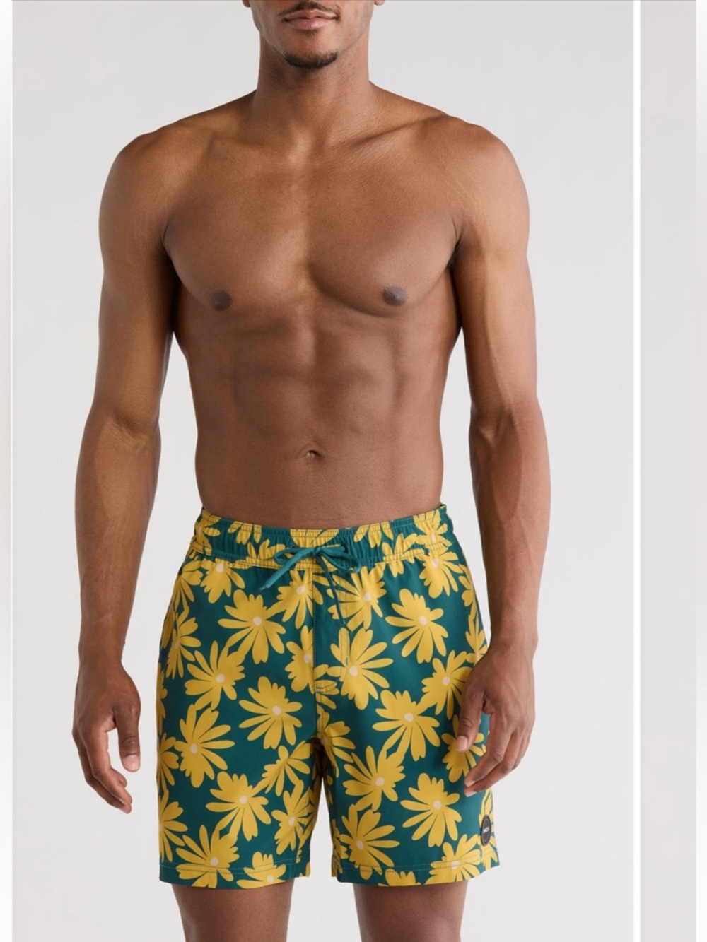 RVCA ~ WESTLEY TRUNK 17 ~ Teal Swim Shorts with Yellow Daisy Print ~ Large